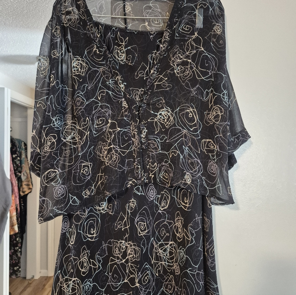 Boden Floral Black Sheer Women's Skirt  Blouse Set XL Silk Scribble Floral Print